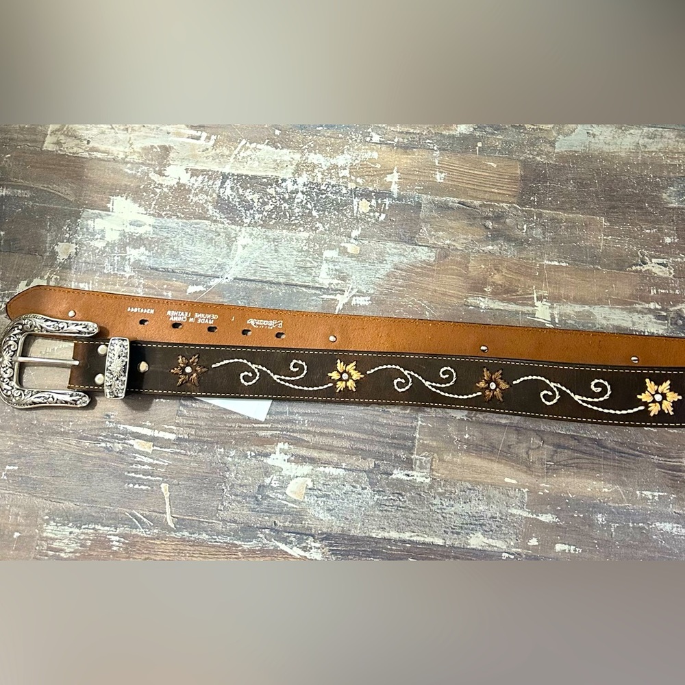 Brown Leather Belt flowers and rhinestones NWT